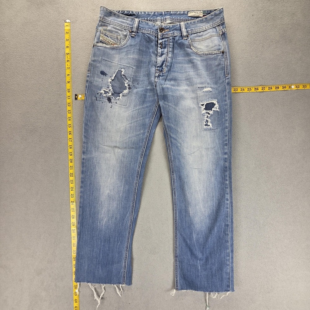 Diesel Jeans Mens 34x34 Blue Thanaz Slim Straight Distressed Button Fly Raw Hems